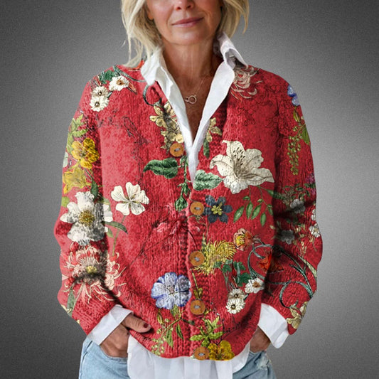 Aureliana™ - Vintageblommig Stickad Kofta